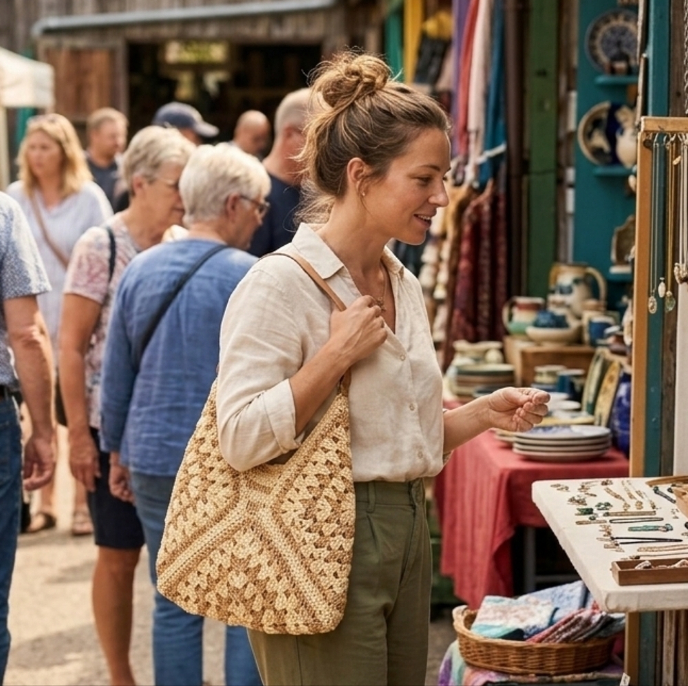 Crochet Tan and Cream Woven Tote Bag